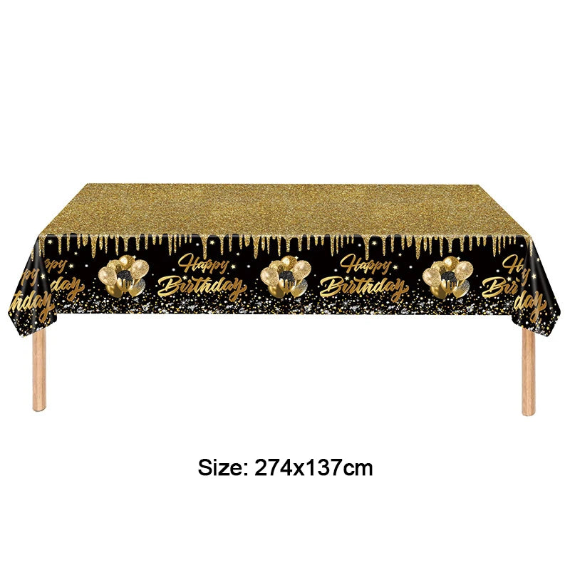 274x137cm Black Gold Disposable Tablecloth for Kids Adults 30 40 50 60 Happy Birthday Party Decoration Home Table Cover Supplies
