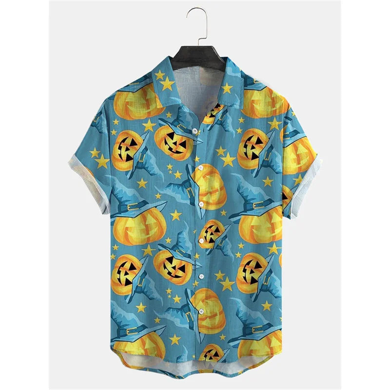 Pumpkin Bat Graphic Hawaiian Shirt For Men Women Halloween 3D Printed Aloha Shirts Summer Casual Short Sleeve Blouse Lapel Tops