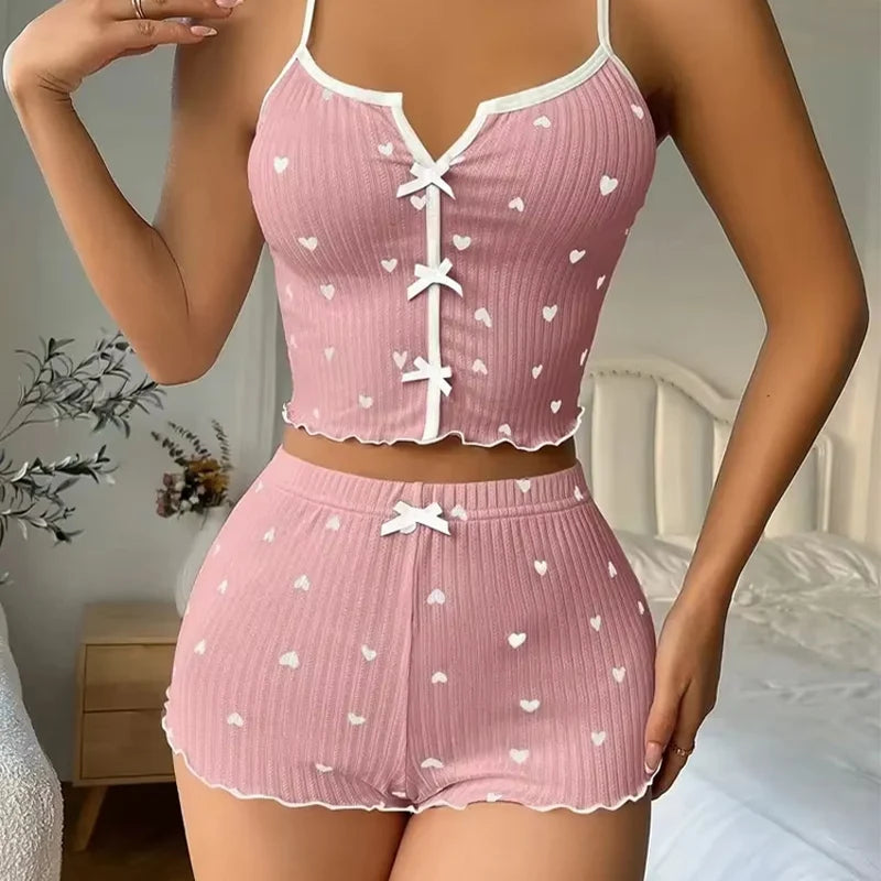 Sweet Cute Heart Pattern Two Piece Set Ladies Soft Breathable Spaghetti Strap Nightwear Summer Casual Homewear Set Ladies Pajama