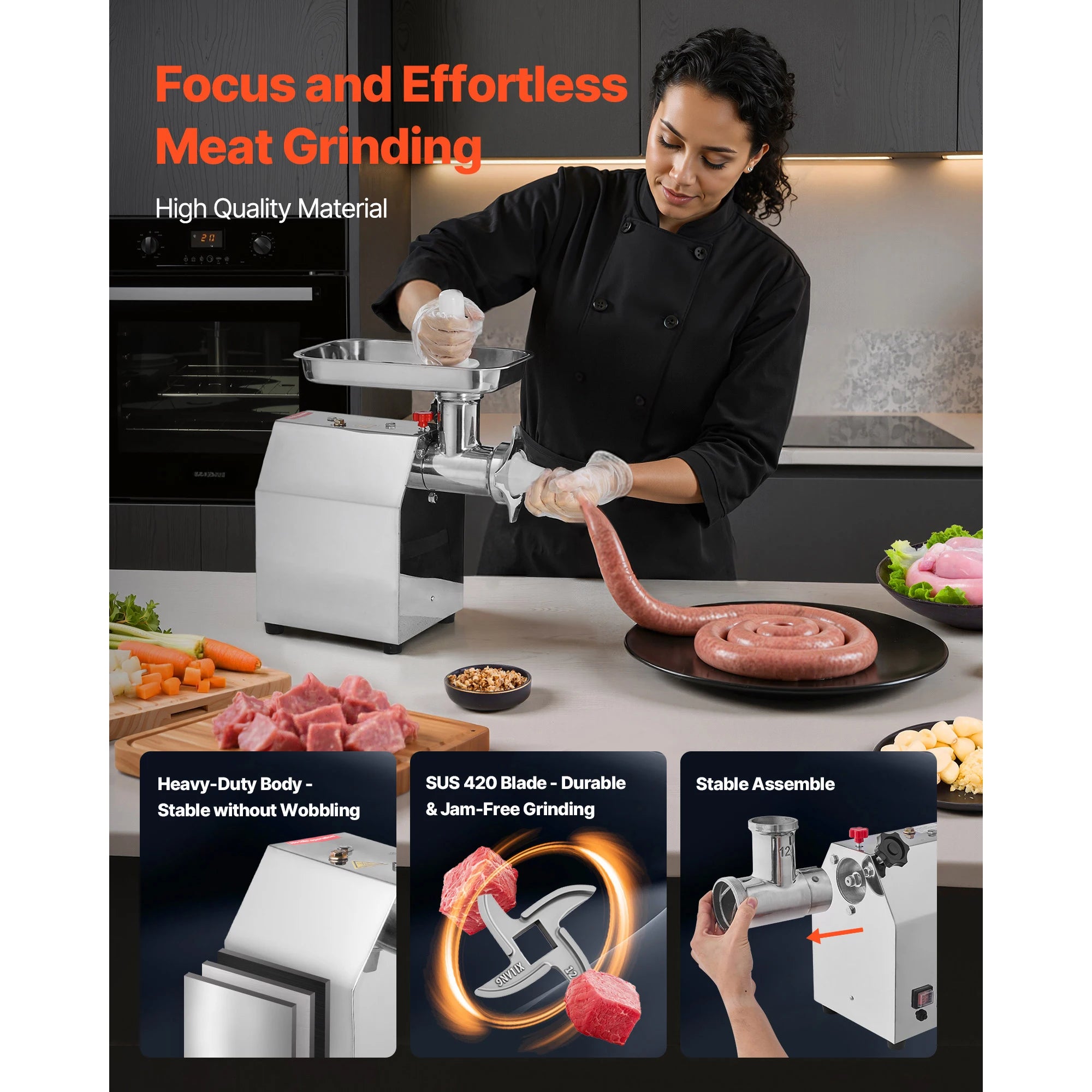 SucceBuy Commercial Electric Meat Grinder 7/5 lbs min #12/8 Industrial Meat Mincer with 2 Grinding Plates for Kitchen Restaurant