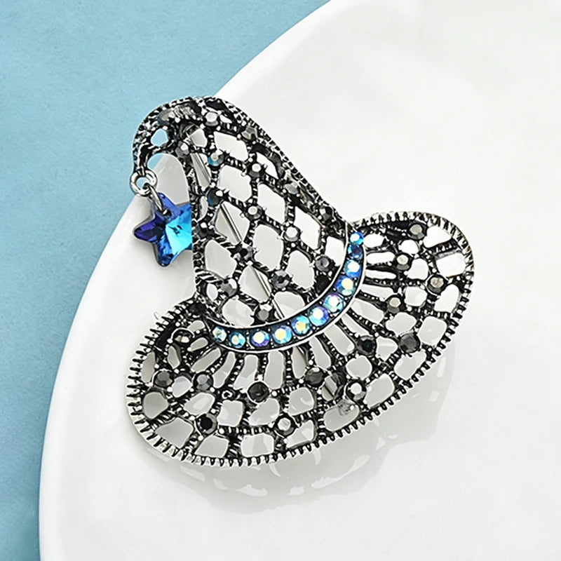 Wuli&baby Vintage Witch Hat Brooches For Women Unisex 2-color Metal Rhinestone Cut-out Star Hat Halloween Brooch Pins
