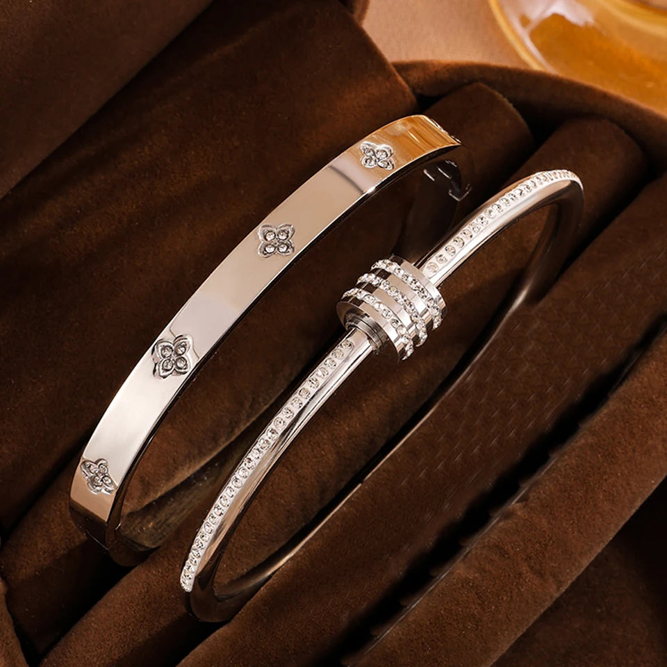 Yupsk 2Pcs/Set Sparkling Zircon Inlaid Stainless Steel Bracelet Waterproof Bangles Exquisite Valentine’s Day Jewelry Gift Women