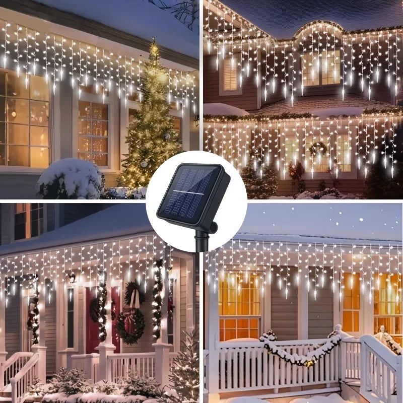 9M 162LEDs Solar Curtain Icicle Light Outdoor Eaves Decor String Lights Garden Party Yard Christmas Decoration Holiday Garlands