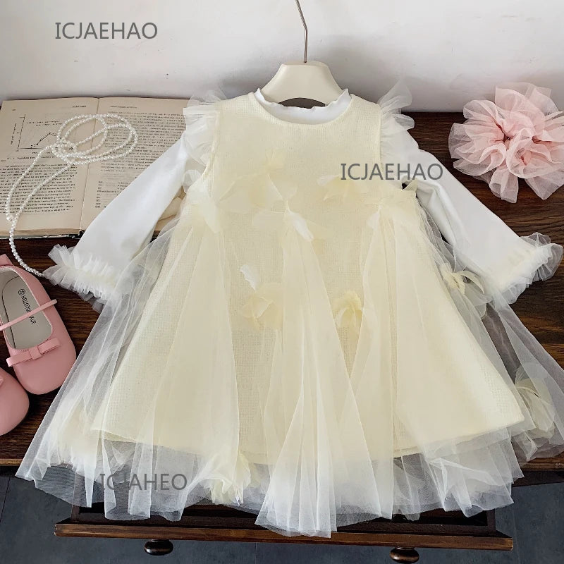Teen Girl Clothes Children Spring Fall Girls DressGown Kids Outfit Apricot Two-piece Set Costume Baby First Birthday Princess