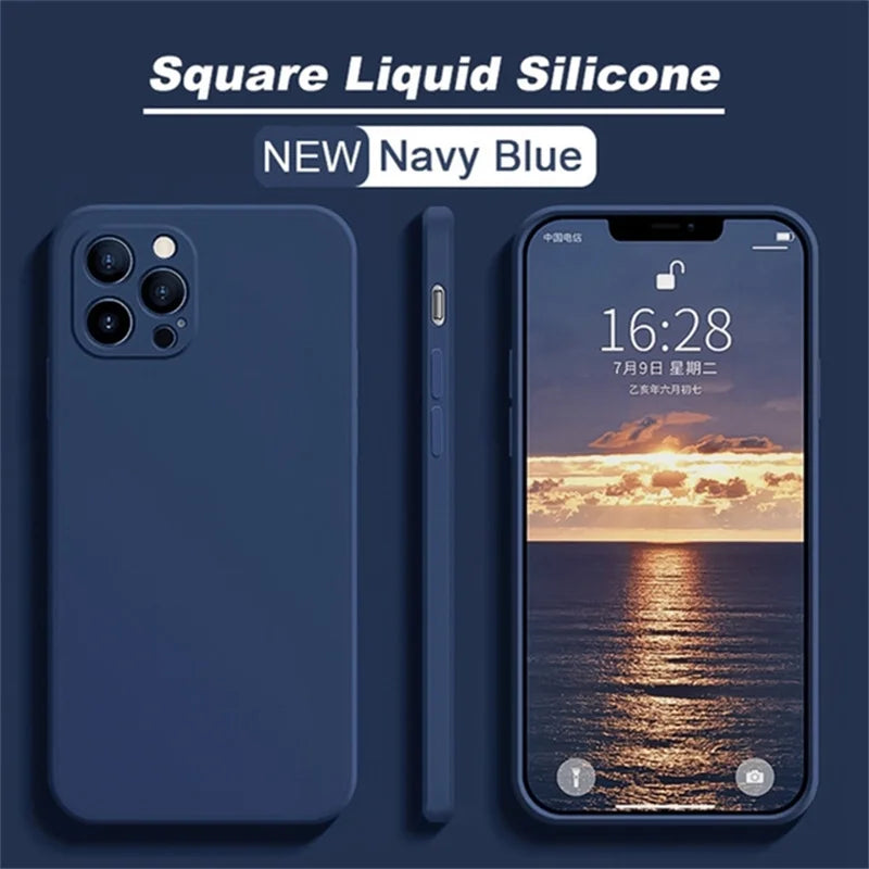 Original Silicone straight edge Case For iPhone 11 12 13 14 15 Pro XS Max XR X 8 7 Shockproof Funda Cover