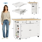 47.2 Inch Rolling Kitchen Island With Drop Leaf, Charging Station, Locking Wheels, Pull-Out Shelves, Drawers, Spice Rack & Storage