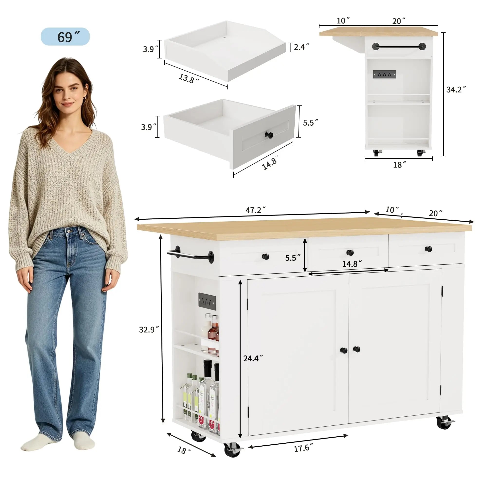47.2 Inch Rolling Kitchen Island With Drop Leaf, Charging Station, Locking Wheels, Pull-Out Shelves, Drawers, Spice Rack & Storage