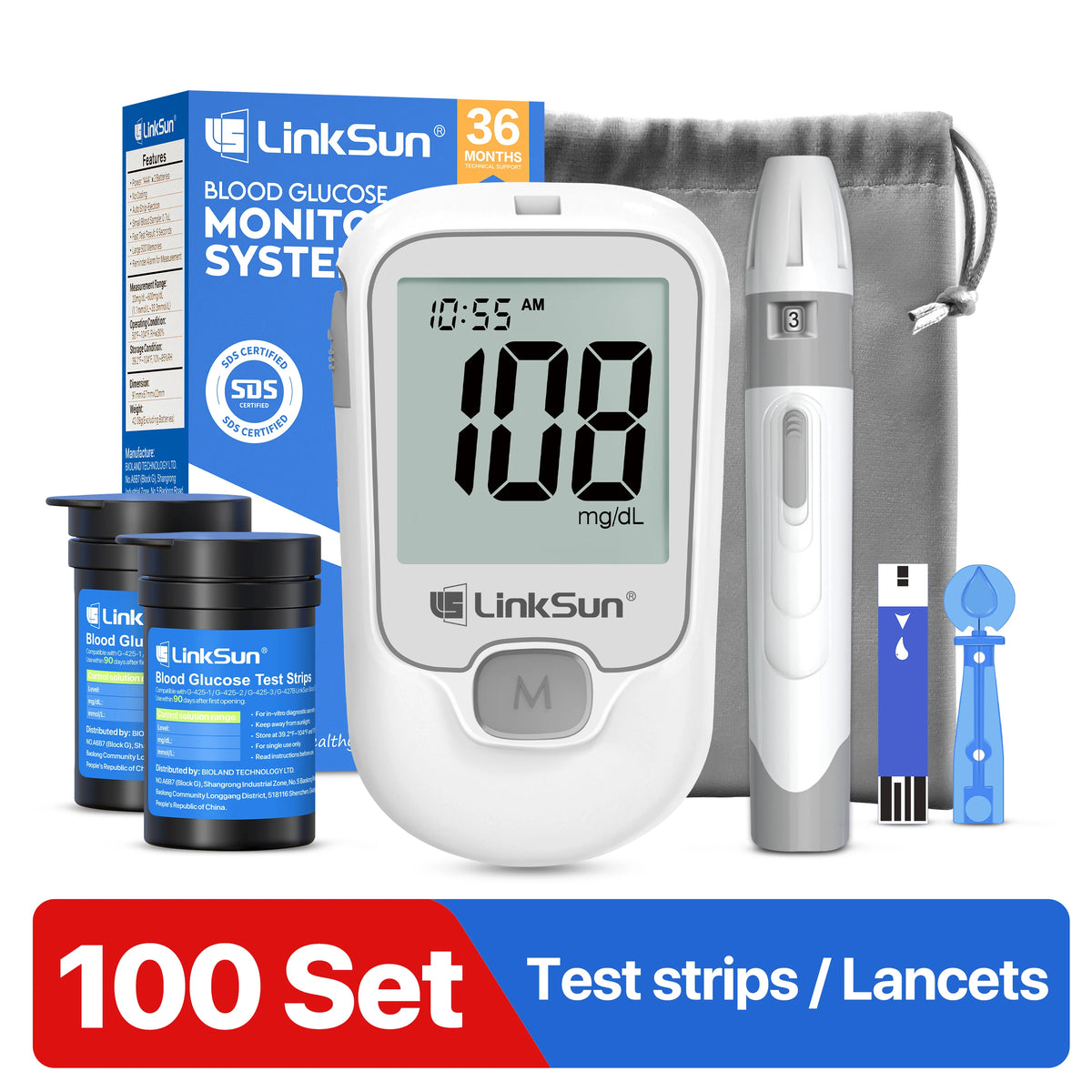 LinkSun G-425-1 Blood Glucose Meter 50/100 pcs Test Strips and Lancets Diabetes Medical  Glucosemeter Testing Blood Sugar Tester