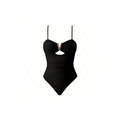 2438 Women One-Piece Swimsuit Cutout V-Neck Ruched Tummy Control Bathing Suit with Gold Chain Detail Beachwear