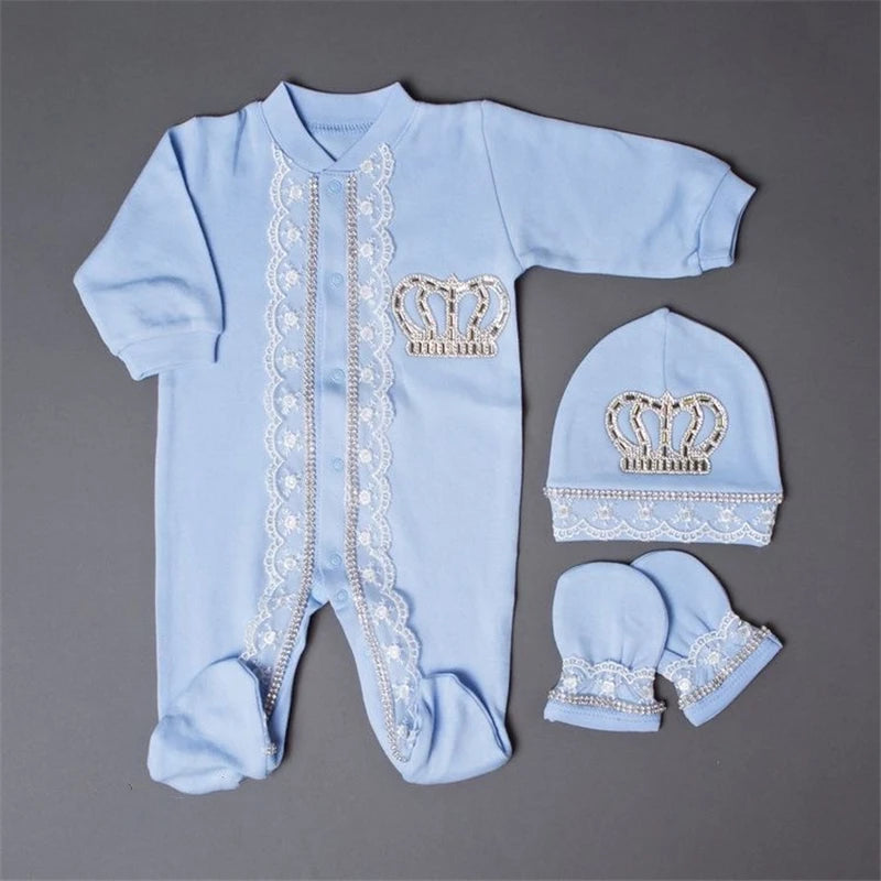 Baby Girl Coming Home Outfits Set Personalized Name Jewelry Crown Clothing Vintage Croche Infant Care Products Body Suit Pajamas