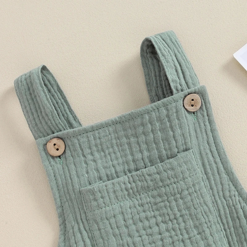 Pudcoco Baby Cotton Linen Suspender Overalls, Solid Color Sleeveless Square Neck Romper Outfit for Boys Girls 0-24M