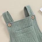 Pudcoco Baby Cotton Linen Suspender Overalls, Solid Color Sleeveless Square Neck Romper Outfit for Boys Girls 0-24M