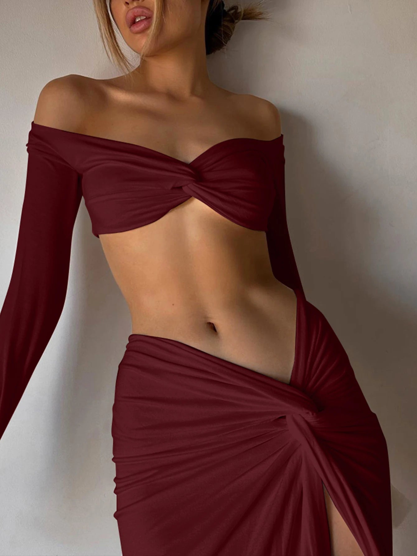 Hugcitar Elegant 2 Piece Sets Solid V Neck Long Sleeve Ruched Sexy Crop Top Slit Midi Skirt Winter Women Clothes Party Birthday