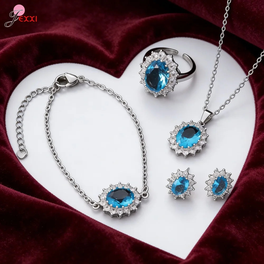 4Pcs Luxury Jewelry Set For Women Oval Cut Red Blue Purple Green Zircon Necklace Earrings Bracelet Ring 925 Silver Fashion Gift
