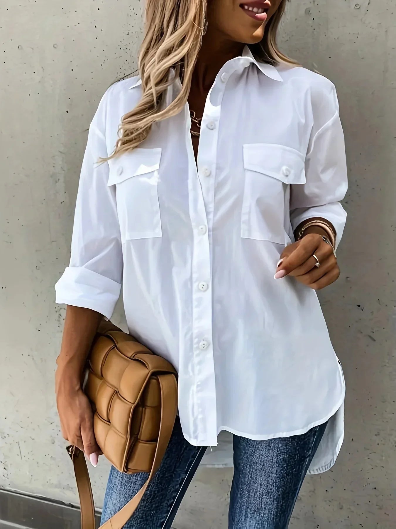 Plus Size 1XL-5XL Women Casual Loose and Simple Long Sleeved Shirt Fashion Solid Color Lapel Shirt Pocket Decoration Shirt