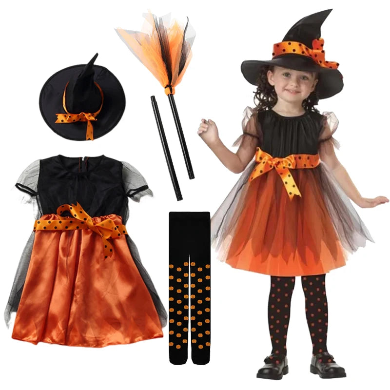 2026 Girls Halloween Cosplay Kids Children Pumpkin Costume Witch Dress Clothing Set With Hat Bag