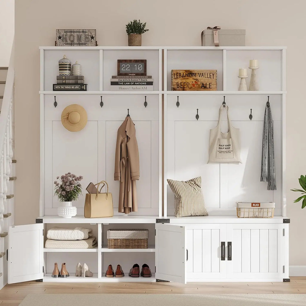 76" Hall Tree with Bench and Shoe Storage, Farmhouse 4-in-1 Entryway with Coat Rack & 5 Tri-Hooks, Adjustable Shelf, White Mudro