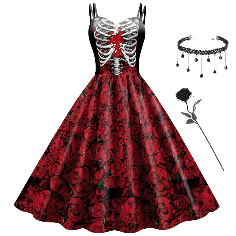 Halloween Costume Girl Fancy Skeleton Rose Print Dress Halloween Ghost Bride Vampire Cosplay Dress Kids Carnival Party Clothes
