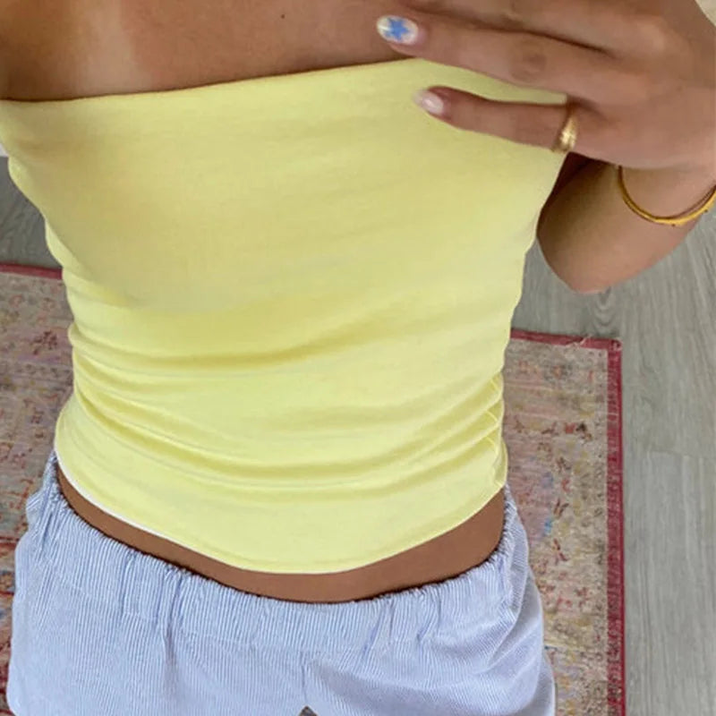 Women Cropped Tube Tops Strapless Off Shoulder Backless Short Tank Summer Party Club Striped/Solid Mini Vest 2025 New