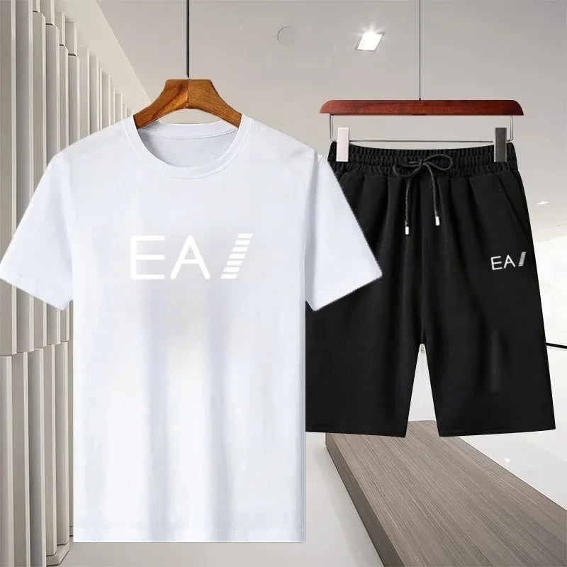 2026 Summer New Men Crew Neck Short Sleeve T-Shirt Sports Shorts 2 Piece Set Breathable Quick Dry Comfortable Casual Fitness