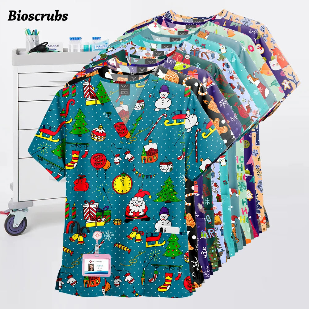 Women Men Christmas Scrubs Top Short Sleeve Pockets Surgery Blouse V-neck Medical Clothes Unisex Spa Dental Vet Surgical Uniform