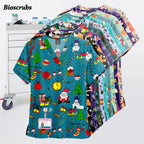 Women Men Christmas Scrubs Top Short Sleeve Pockets Surgery Blouse V-neck Medical Clothes Unisex Spa Dental Vet Surgical Uniform