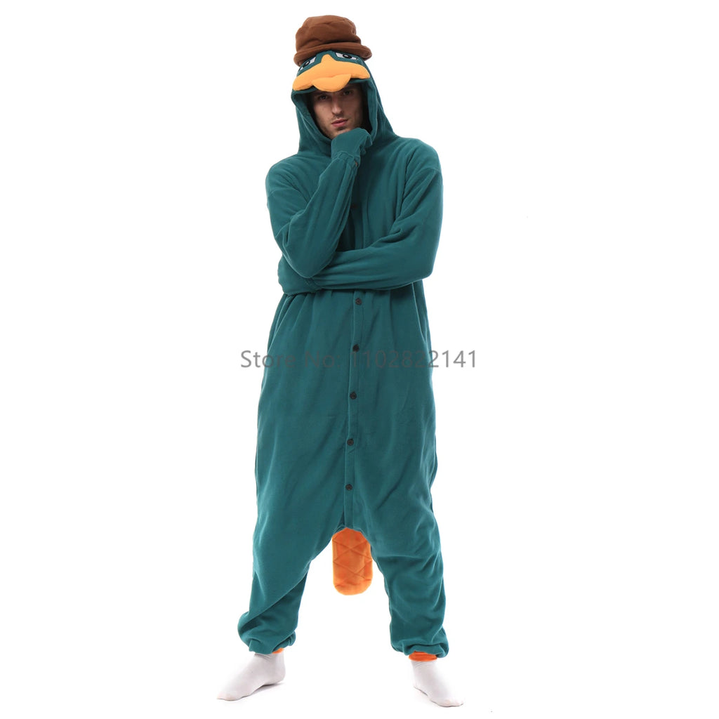 Favofans Adult Halloween Onesie Cartoon  Green Duck Pajamas For Women Men Animal Kigurumi Pyjamas Homewear Cosplay Party Costume