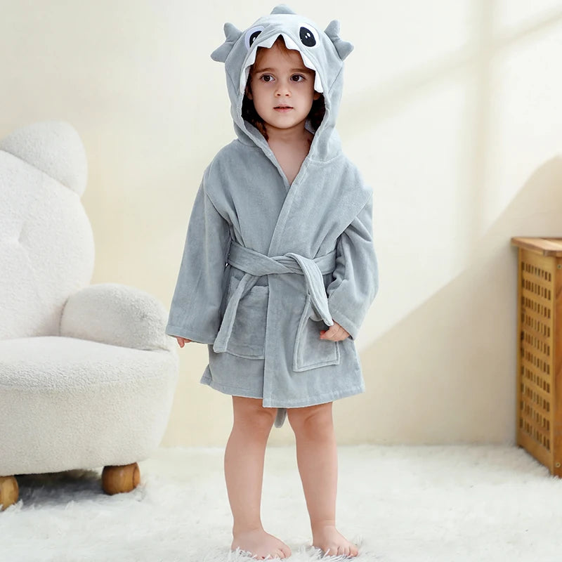 MICHLEY Shark Dinosaur Hooded Baby Bathrobe Cotton Soft Infant Bath Towel Robe Pajamas Solid For Kids Boy Girl Children 1-5T