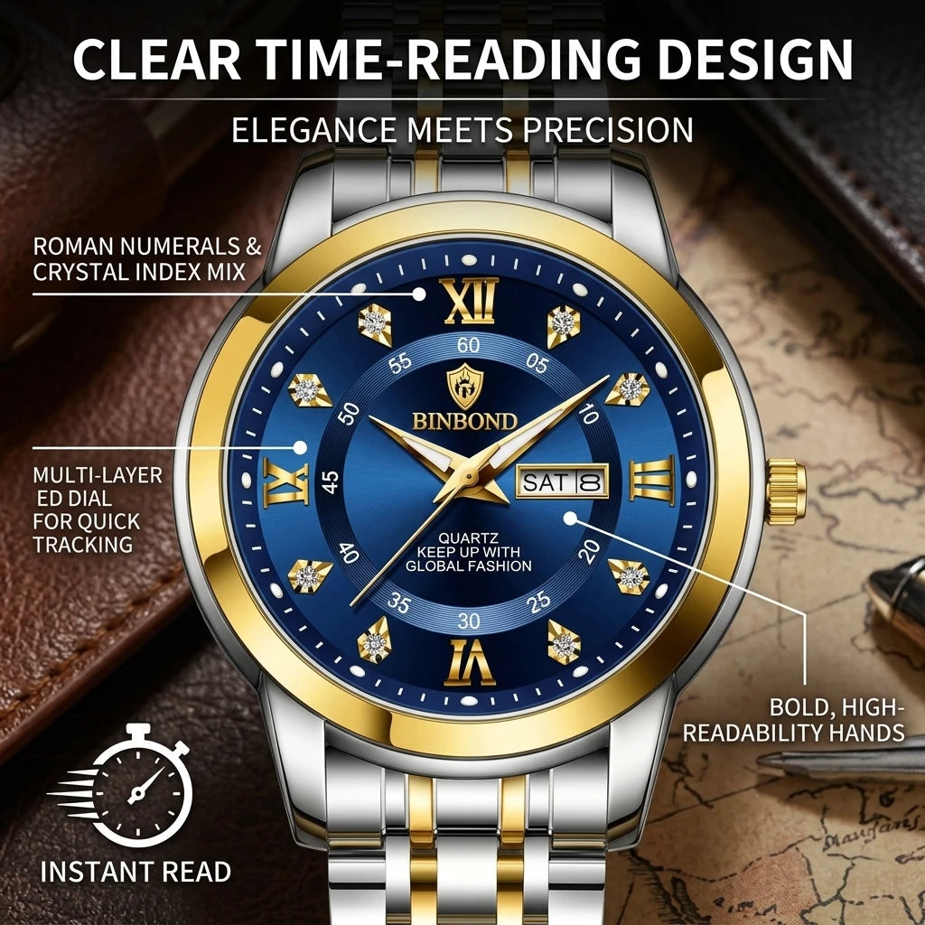 4pcs Men's Blue Gold Two-tone Stainless Steel Classic Diamond Accents Date Day Sunglasses Perfume Quartz Watch Gift Box Set