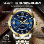 4pcs Men's Blue Gold Two-tone Stainless Steel Classic Diamond Accents Date Day Sunglasses Perfume Quartz Watch Gift Box Set