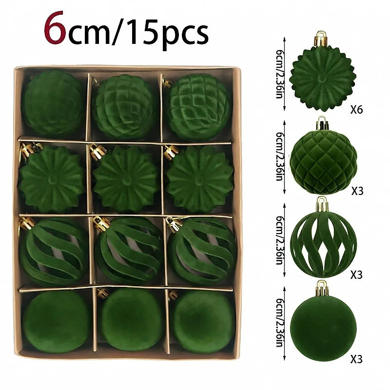 6CM Christmas Balls Set 15PCS Soft Velvet Flocked Ball Ornaments 4 Shapes Christmas Tree Decorations Home Gift Holiday Decor