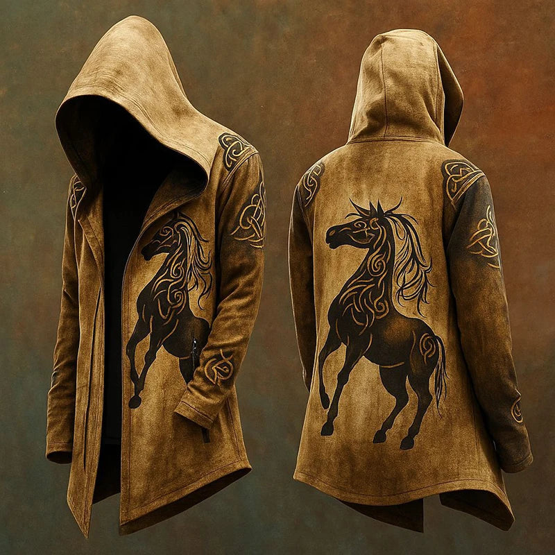 Vintage Goth Printed Hooded Coats Mens Fall Winter New Casual Loose Long Sleeve Long Cardigan Tops Men Fashionable Jacket Coat