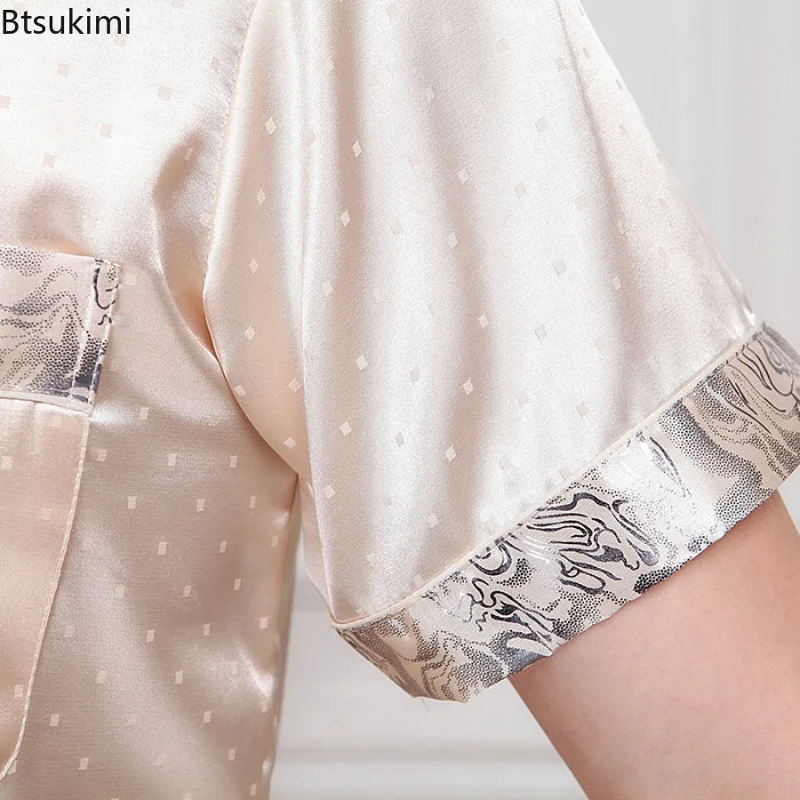 2026 Summer Men's Pajamas Sets Satin Silk Shorts Short Sleeve Two Piece Set Sleepwear Home for Men Night Wear Loungewear Male