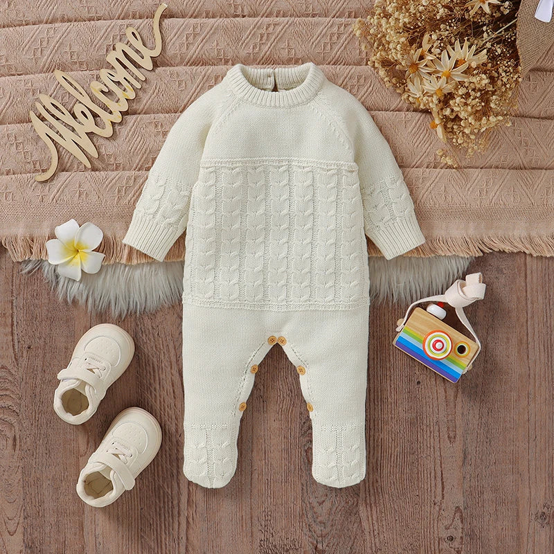 Newborn Baby Romper Long Sleeve Knit Infant Boy Girl Jumpsuit Fashion Solid Overalls Toddler Clothes 0-9M Foot Wrapped Warm Fall