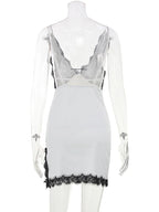 Huhugirl Fashion 2026 New Backless Mini Dresses Lace Patchwork Casual Chic Elegant Home Street Style Designed For Women V-Neck