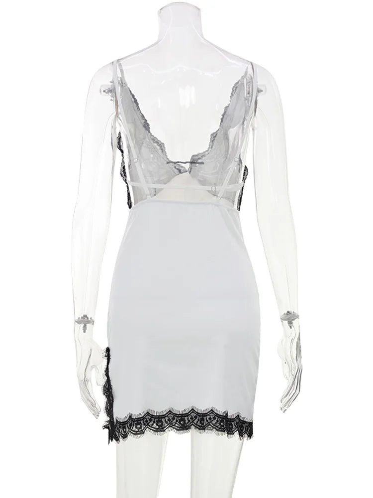 Huhugirl Fashion 2026 New Backless Mini Dresses Lace Patchwork Casual Chic Elegant Home Street Style Designed For Women V-Neck