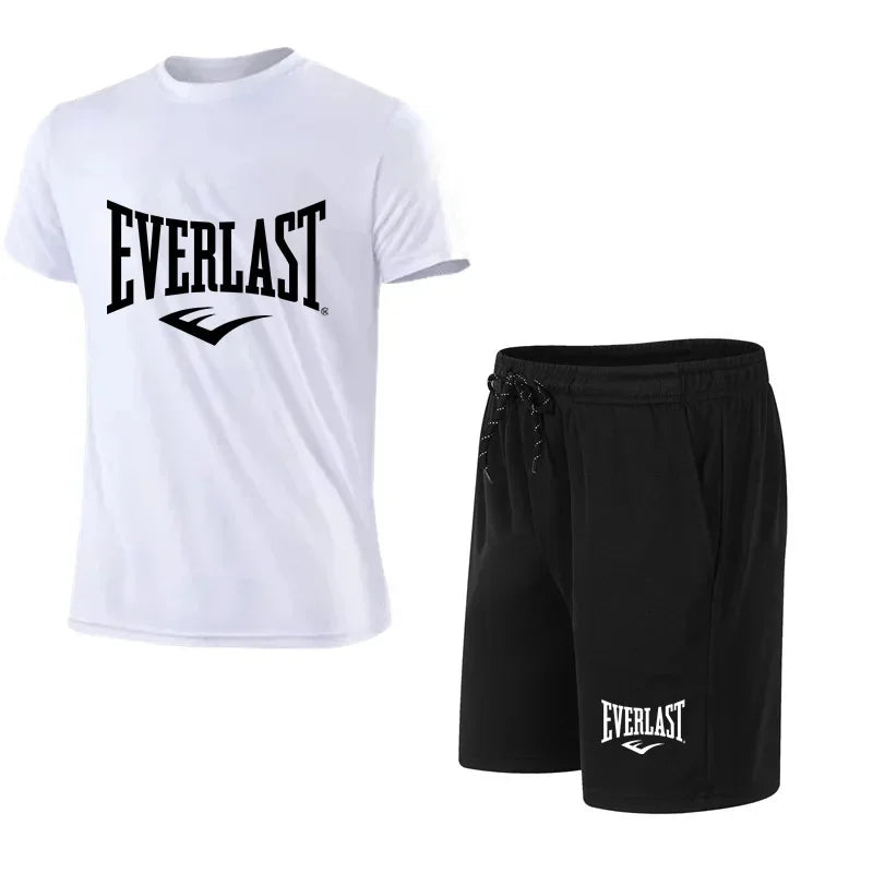 Men's T-shirt + Shorts 2-piece Set - Comfortable and Breathable Short-Sleeved Sporty Running Fitness Brand Printed Clothing