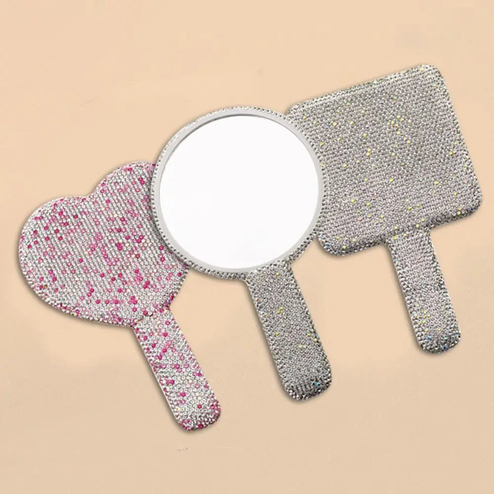 Cute Rhinestone Makeup Mirror Round Square Heart Shape Shiny Bling Cosmetic Hand Mirror Portable with Handle Handheld Mirror