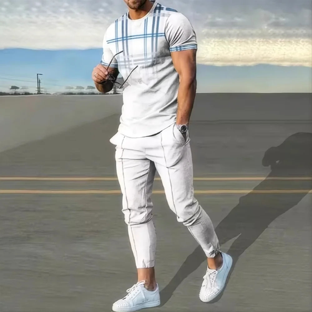 Summer basketball sportswear set short sleeved T-shirt long pants two-piece set men's sportswear 3D printed casual oversized men