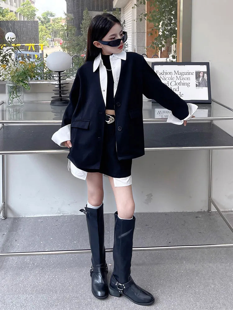 Girls' Preppy Style Suit Set Short Skirt And Jacket Outfit Two-Piece Ensemble for Kids Ages 5-14 Trendy And Stylish Performan...