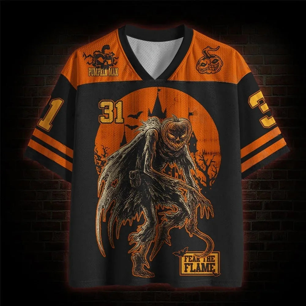 Unisex HalloweenGothic Dark Retro Style Pumpkin Carving 3D Print V Neck Fashion T Shirt Summer Loose Breathable Short Sleeve Tee