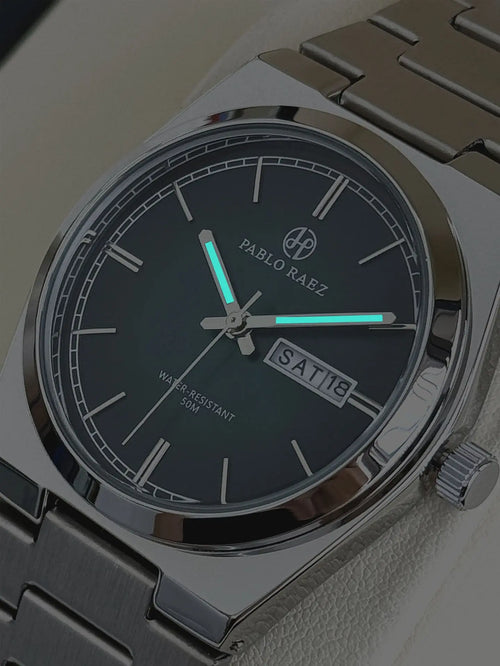 2026 new steel couple's watch, gradient green dial, butterfly buckle, dual calendar, P36, luminescent, waterproof watch