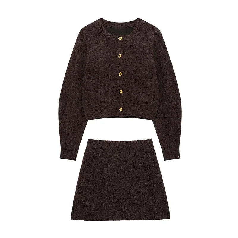 Elegant Brown Knitted Cardigan Skirt Suit Women Single Breasted Sweater Mini Skirts Set 2025 Autumn Chic Street Lady Outfits