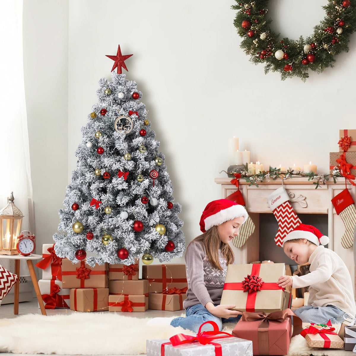 6FT Pre-Lit Snow Flocked Artificial Christmas Tree, 100 Warm White Incandescent Lights, 318 PVC Hints, Foot Pedal Switch, Collapsible Metal Stand, Easy Assembly Indoor Holiday Decor