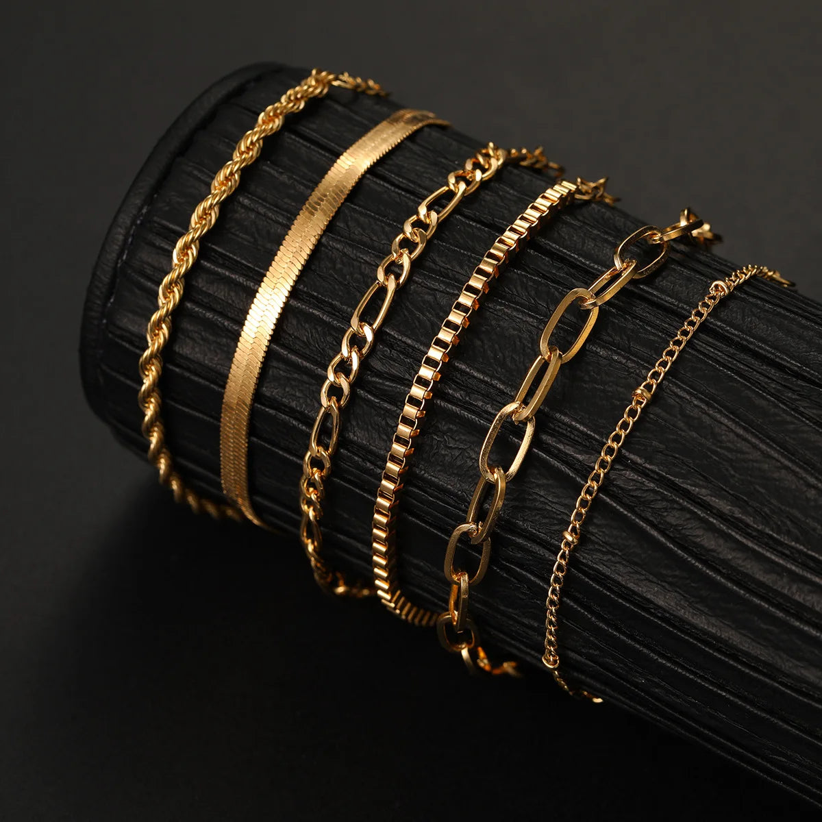 6Pcs Minimalist Gold Color Ankle Chain Bracelet Set for Women Men Bohemian Retro Thick Twist Cuban Bracelets Trendy Jewelry Gift