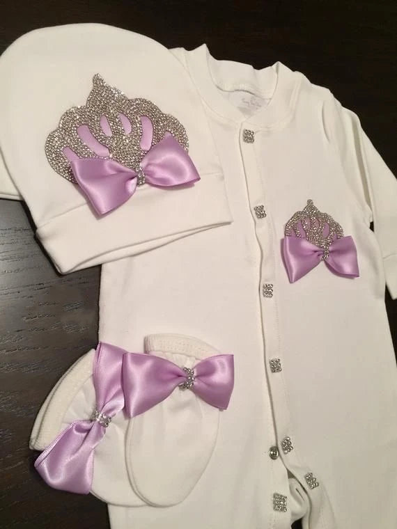 Baby Girl Coming Home Outfits Set Personalized Name Jewelry Crown Clothing Vintage Croche Infant Care Products Body Suit Pajamas