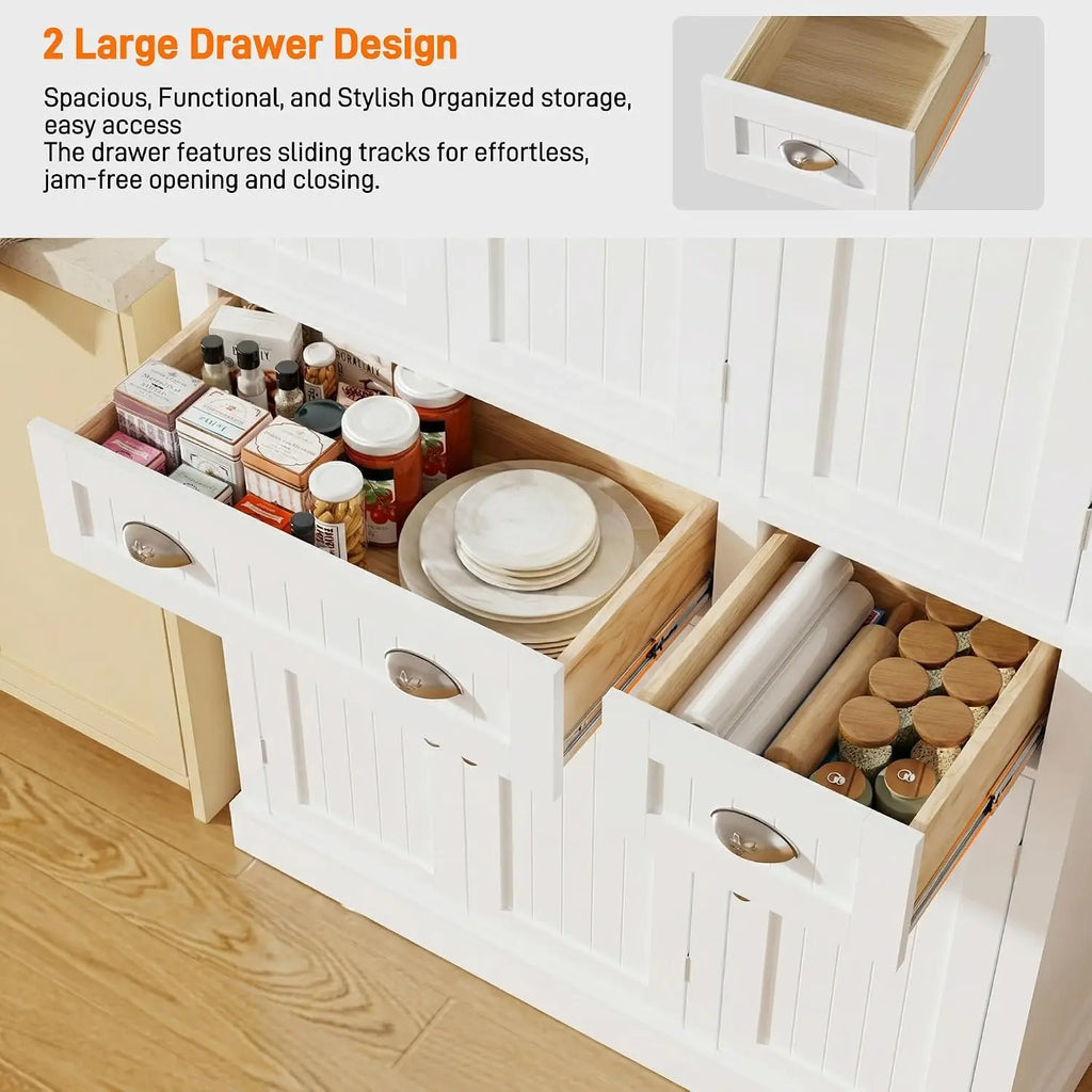 71in Kitchen Pantry Cabinet Doors & Adjustable Shelves, Freestanding Storage 2 Drawers for Dining Living Hallway, Customized