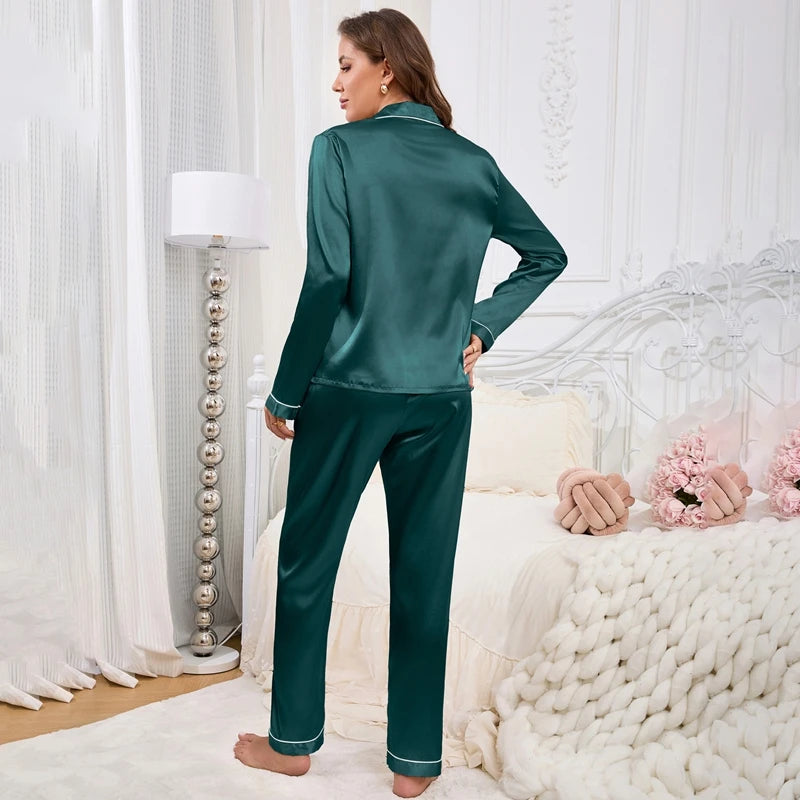 Women's Home Clothes Satin Pajama Autumn Long Sleeve Pocket Heart-shaped Embroidery Tops & Pants Pyjama Femme Loungewear Pj Set