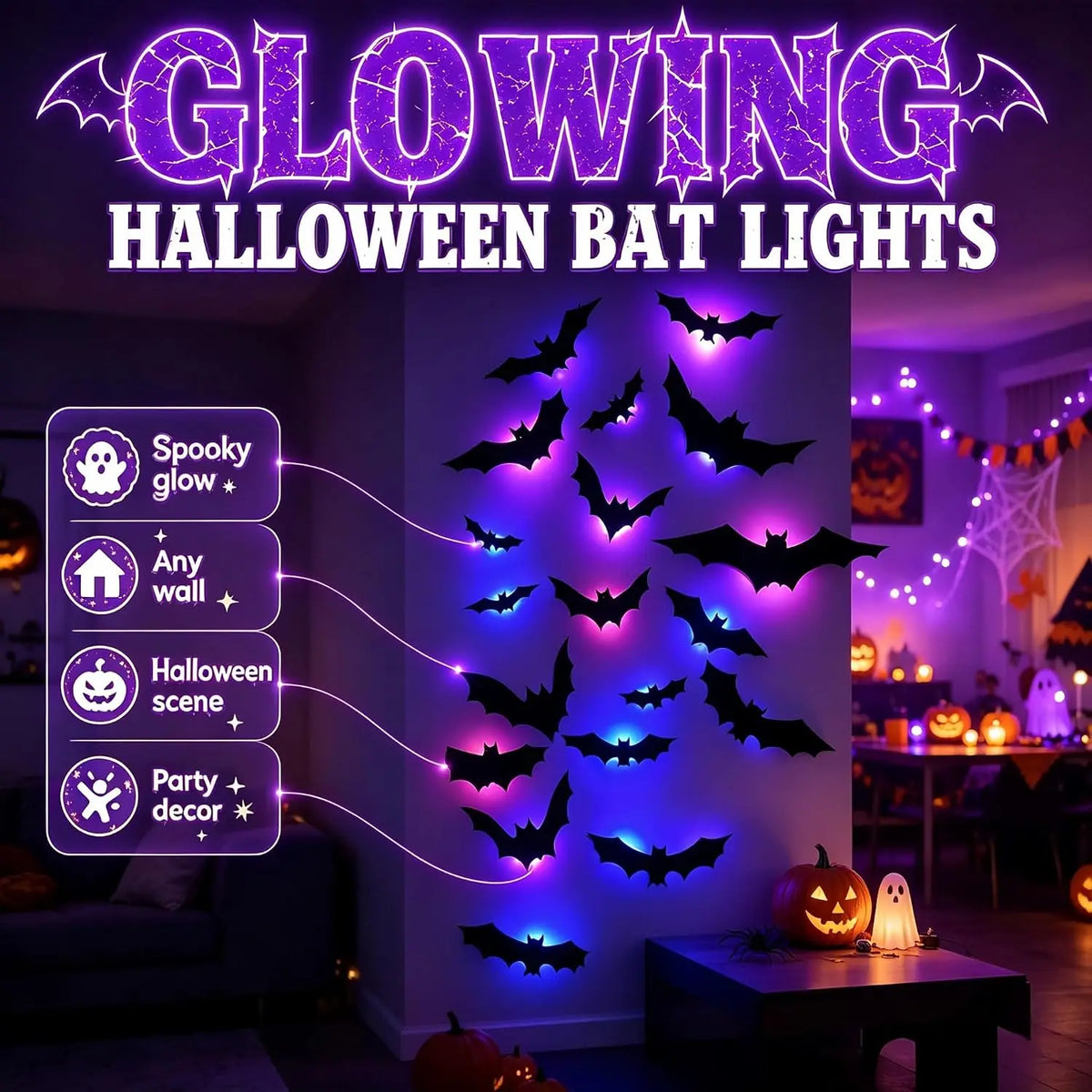 Glow in The Dark 3D Bat Wall Stickers Removable PVC Halloween Decor with 3 Sizes Easy Peel Stick for Windows Home Party Supply