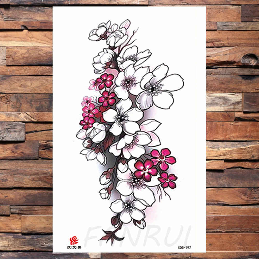 Watercolor Rose Flower Temporary Tattoo For Women Kids Girls Cherry Fake Tattoos Sticker Sexy Lotus Henna Waterproof Tatoo Waist